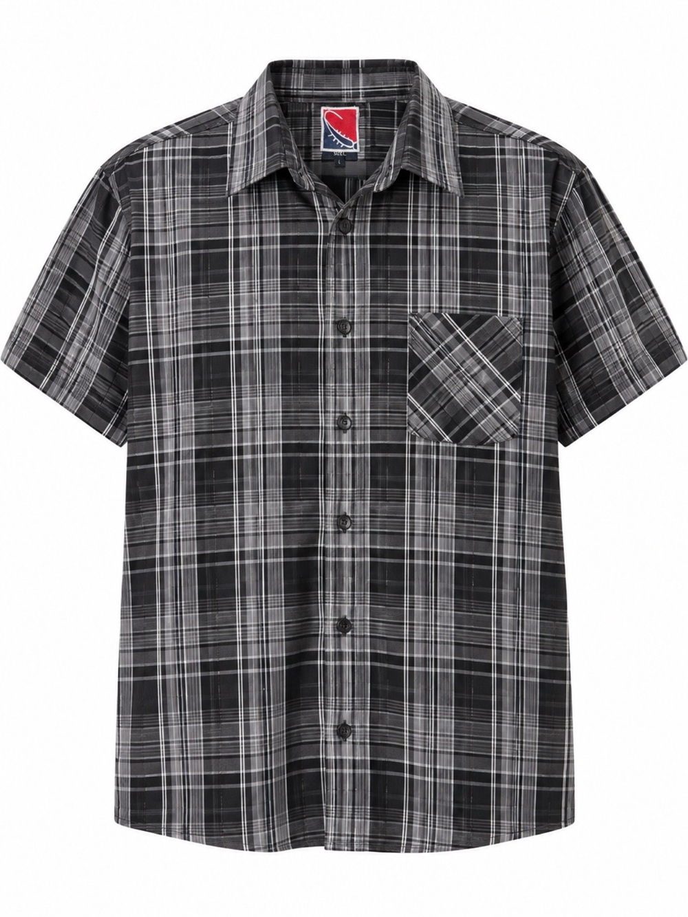 Vintage Men’s Large Black Gray Plaid Short Sleeve Button Up Shirt Korea